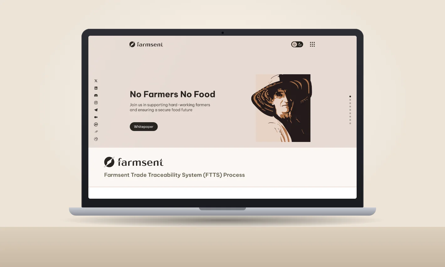 Farmsent agriculture blockchain platform home page, shown on a laptop Farmsent agriculture blockchain platform home page, shown on a laptop