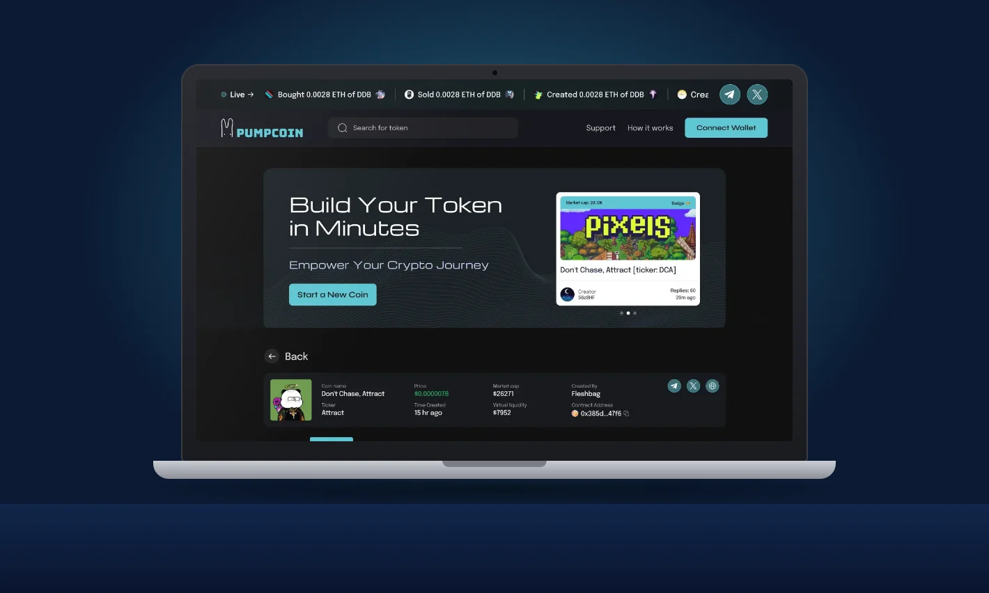 Pumpcoin Solana token launch platform home page, shown on a laptop Pumpcoin Solana token launch platform home page, shown on a laptop